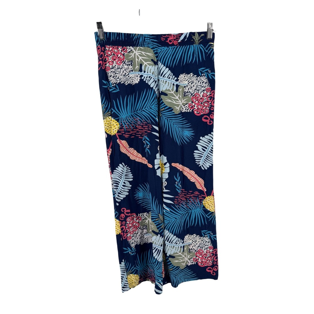Winnie Fashion Tropical Wide Leg Pants Womens L Navy Blue Rayon Made in Hawaii